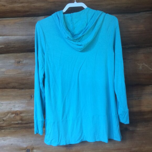 Nomadic Traders Blue Open Front Hooded Feminine Athleisure Cardigan Size Medium - Picture 2 of 5